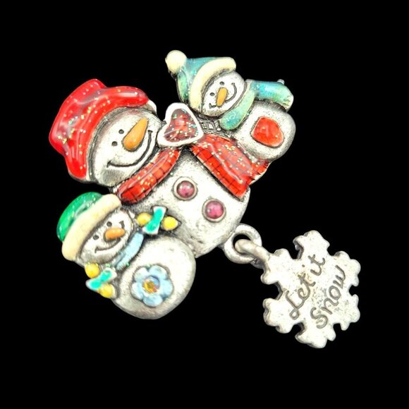 AJMC Snowman Family "Let It Snow" Pewter Enamel Christmas Brooch Pin 1.75" W - Picture 3 of 6